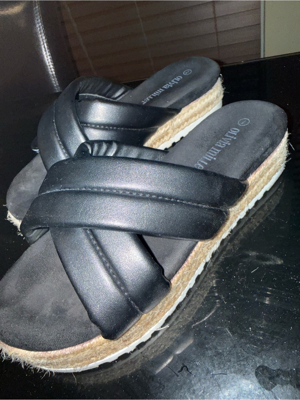 XOXO Black Cross-Band Espadrille Platform Slides